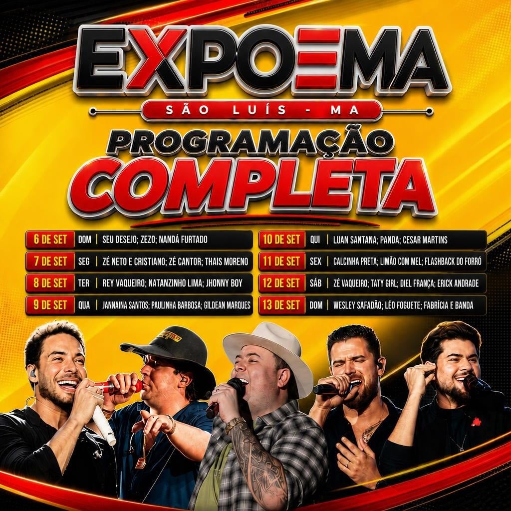 Cartaz com a programação completa da EXPOEMA 2026 em São Luís, de 6 a 13 de setembro
