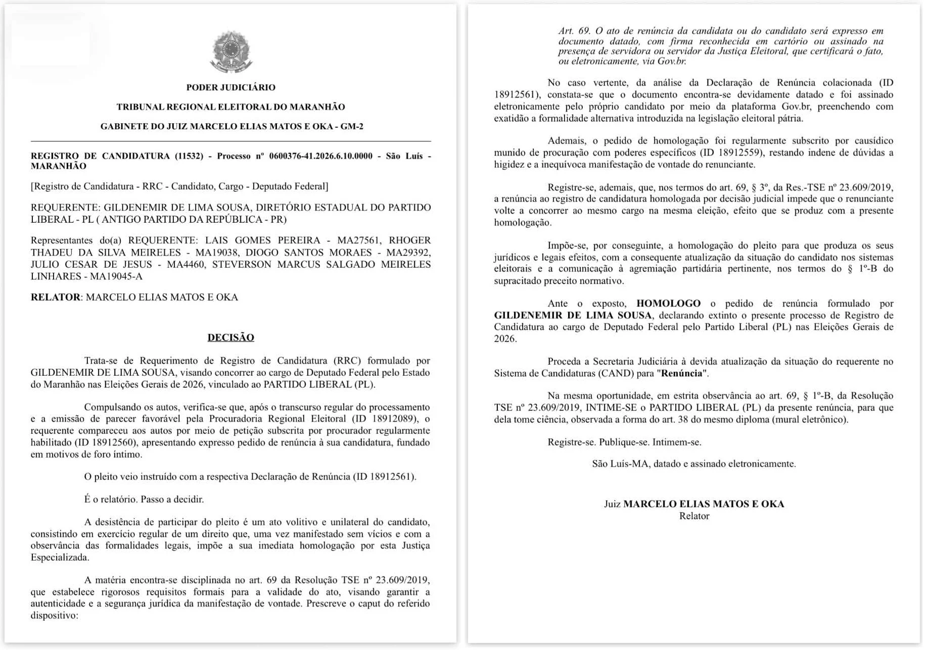 Documento da renúncia do Pastor Gil homologada pela Justiça Eleitoral